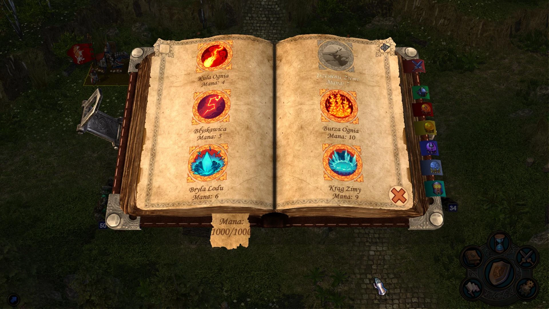Open spellbook showing six elemental spells with mana costs in Heroes of Might and Magic V with Chaos Theory mod