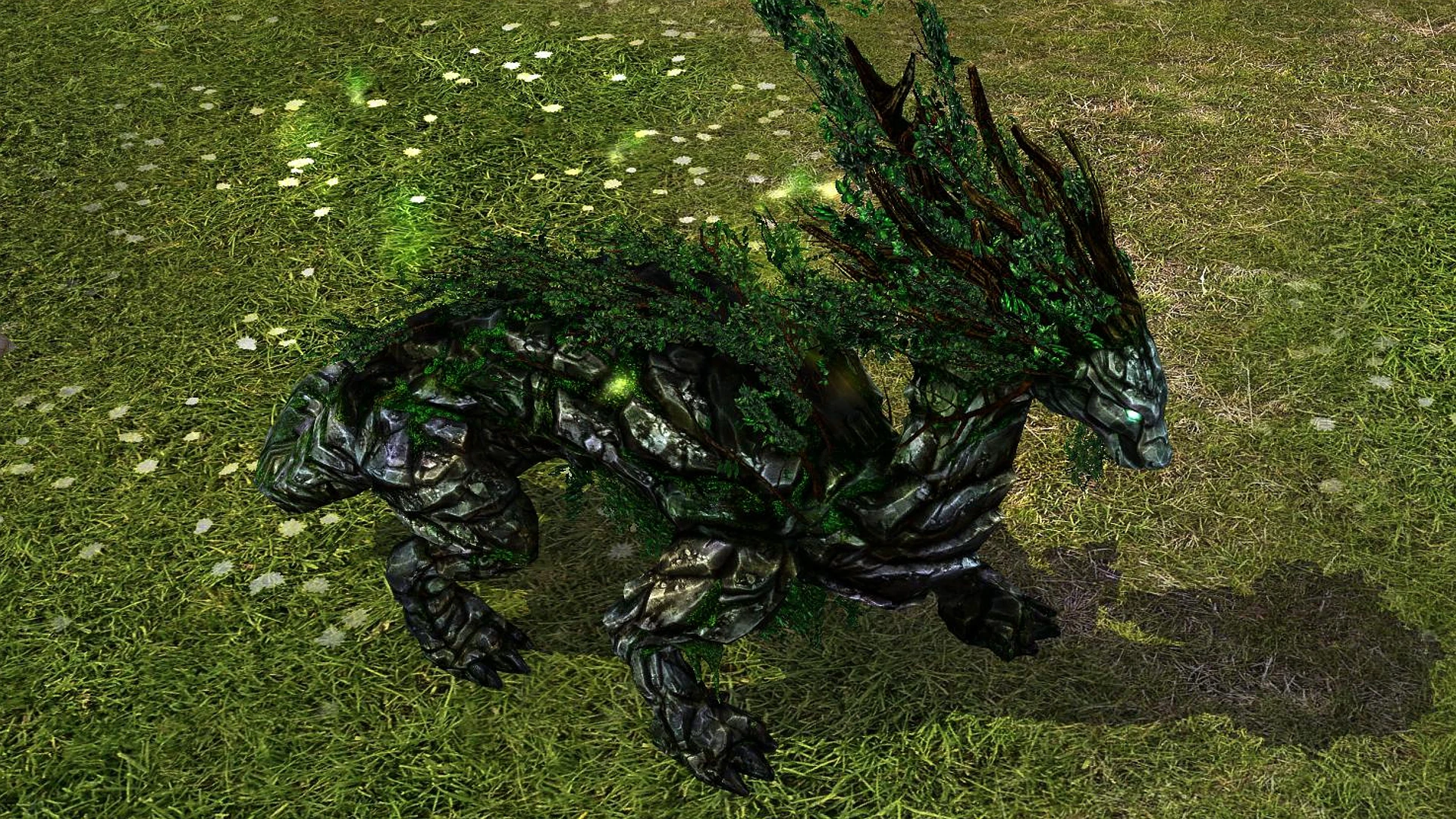 Detailed earth elemental creature with rocky and leafy textures standing on grass in Heroes of Might and Magic V mod
