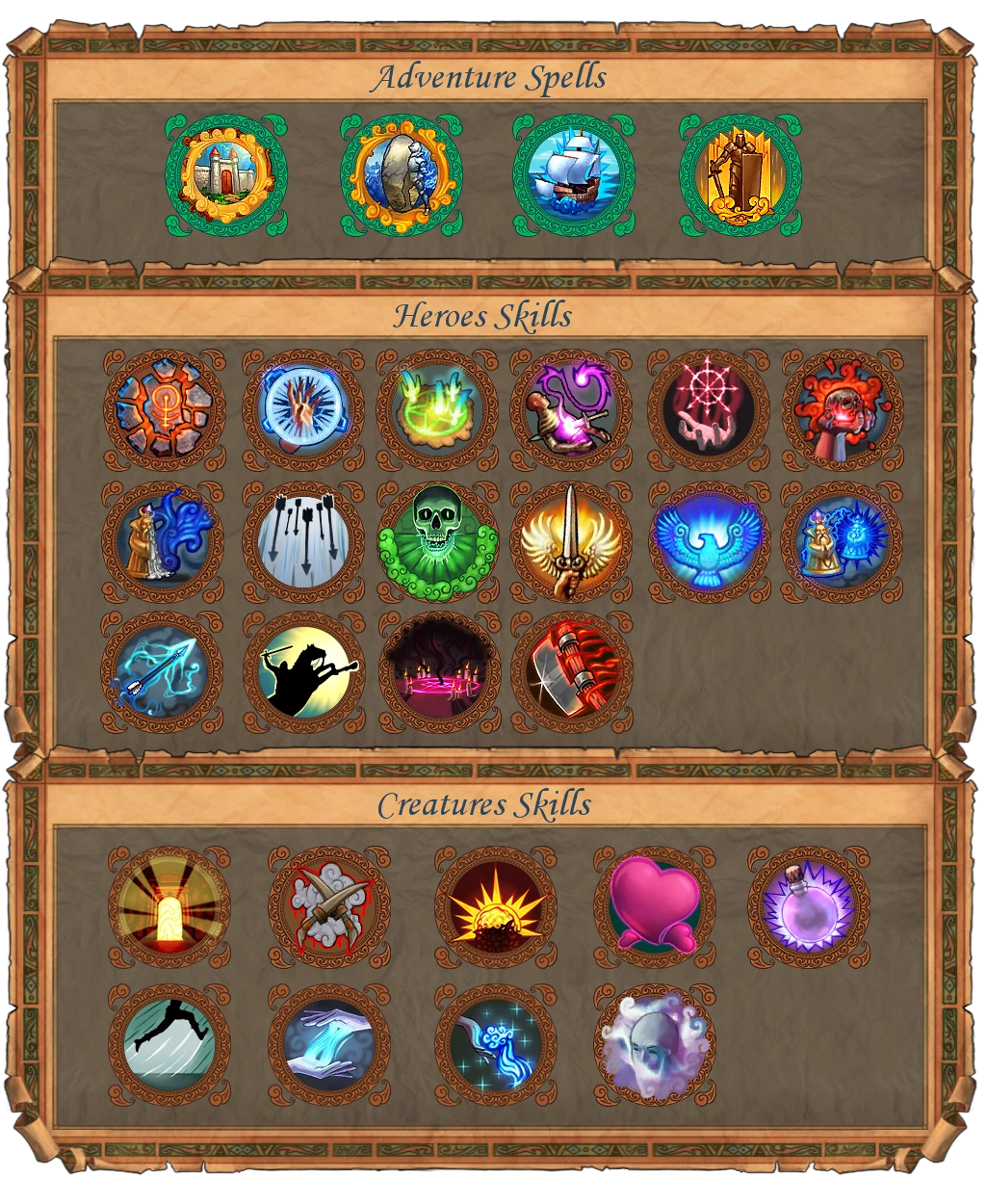 Screenshot of multiple colorful skill icons categorized as adventure spells, hero skills, and creature skills in HoMM 5 Chaos Theory mod