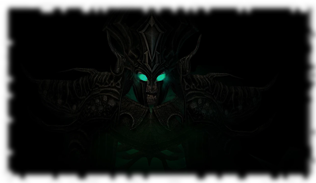 Close-up of a dark undead warrior with glowing turquoise eyes in Heroes of Might and Magic V Chaos Theory mod