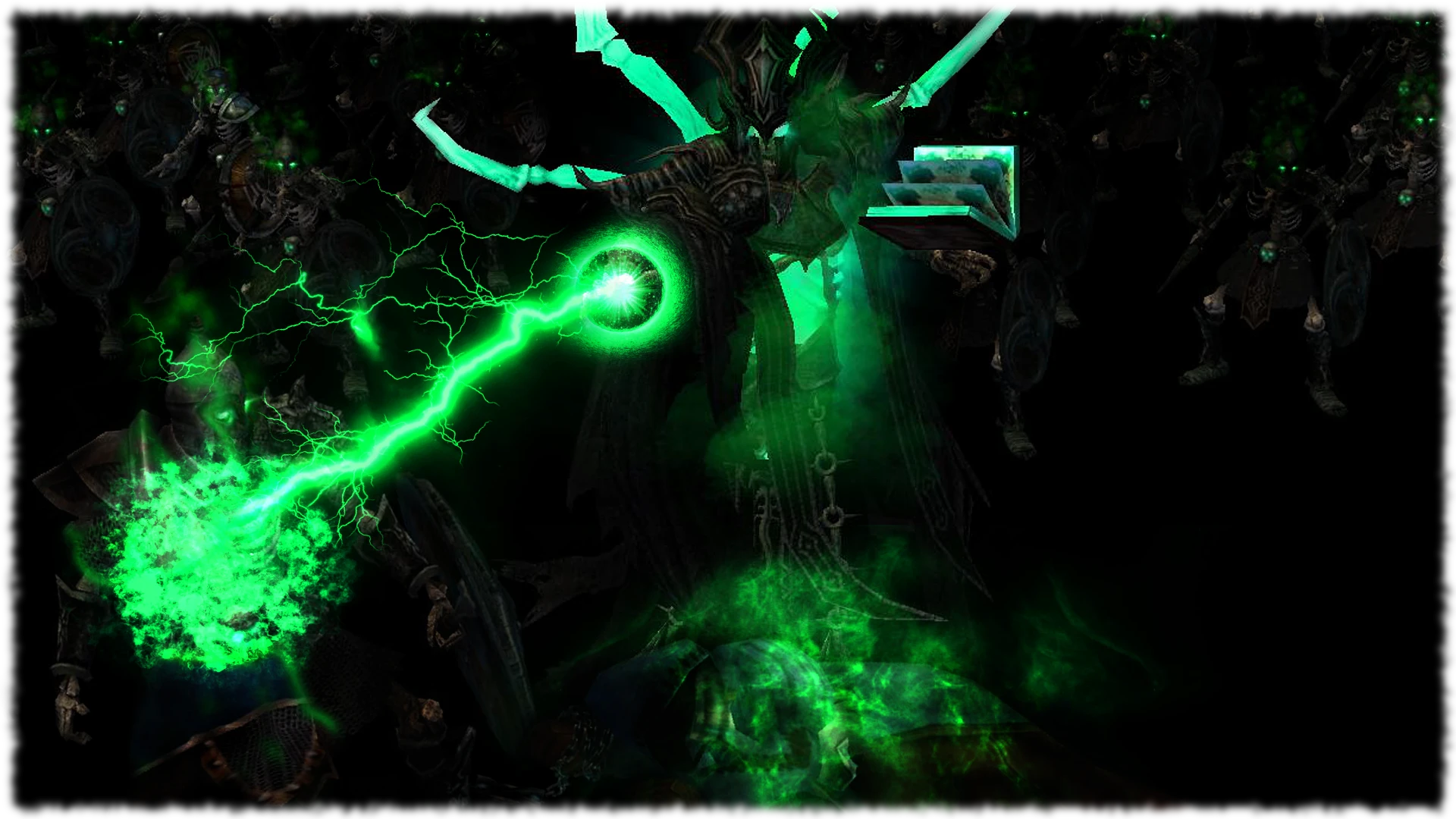 A dark necromancer character in glowing green magic casting lightning attack in Heroes of Might and Magic 5 mod