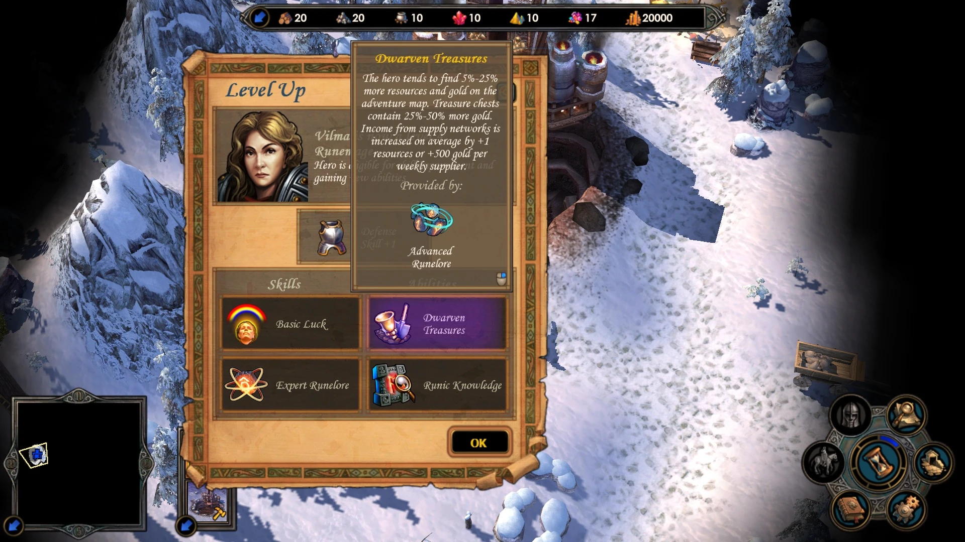 Level Up interface showing Dwarven Treasures skill description and hero portrait in snowy terrain of Might & Magic Heroes 5.5