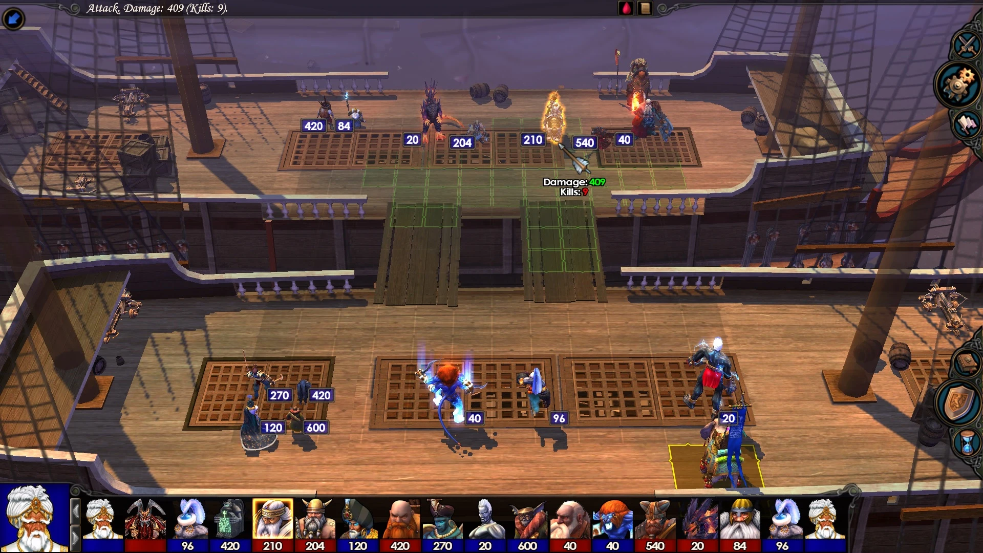 Screenshot of a tactical turn-based battle happening on a ship deck with units and hit points visible in Heroes of Might and Magic V mod