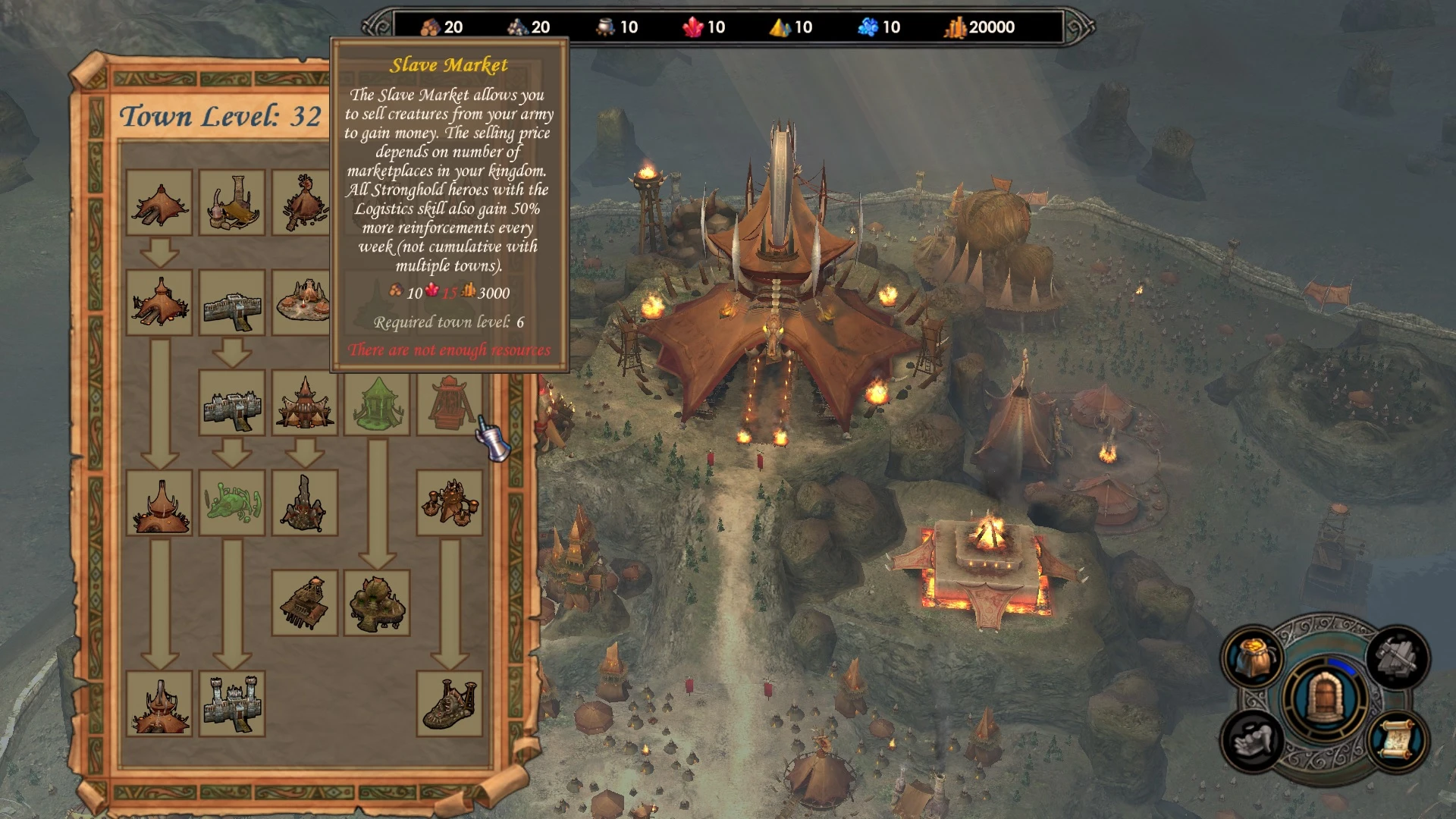 Interface showing town level 32 build options with Slave Market highlighted and detailed description in Heroes of Might and Magic V mod