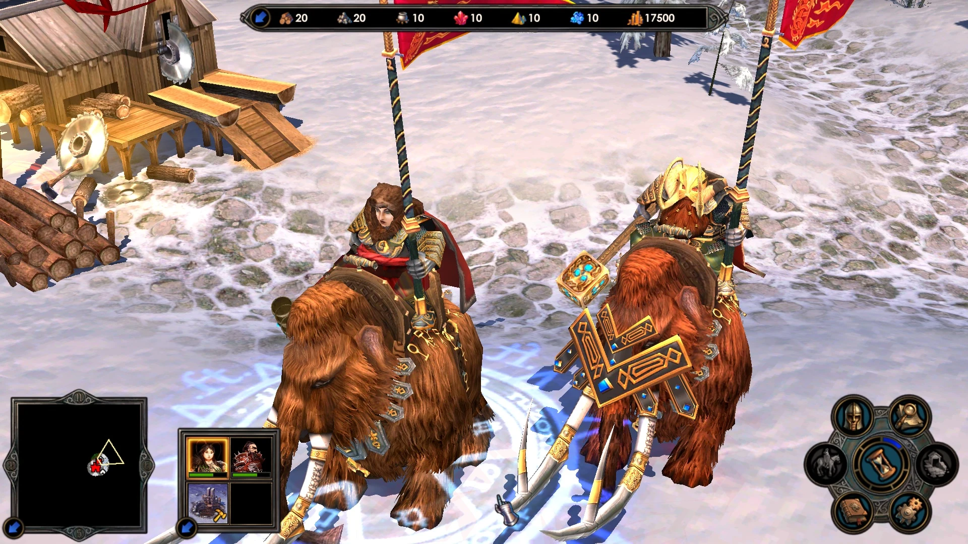 Two armored heroes riding mammoths on a snowy terrain with battle UI in Might & Magic Heroes 5.5 mod