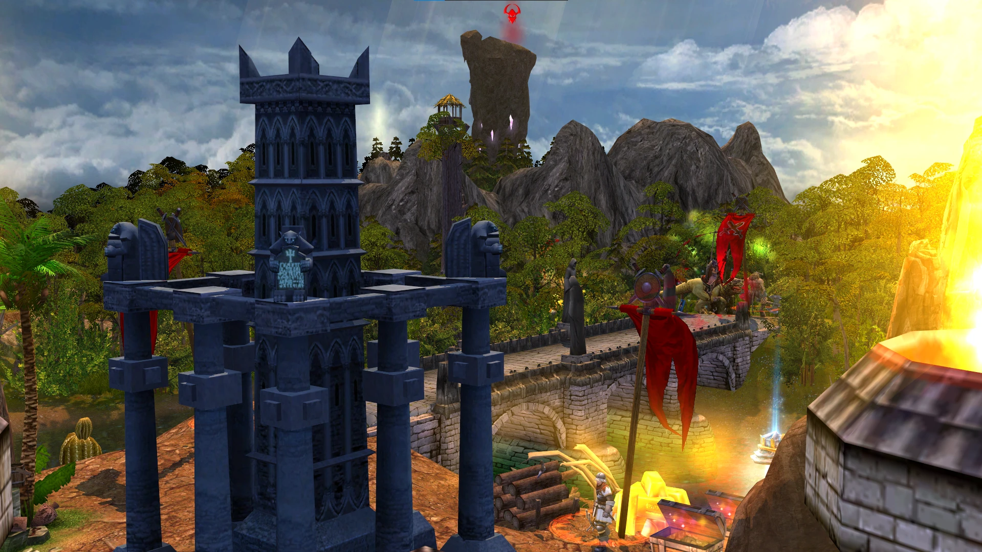 Fantasy game view showing a stone fortress, bridge with armed troops, treasure chests, and mountainous landscape