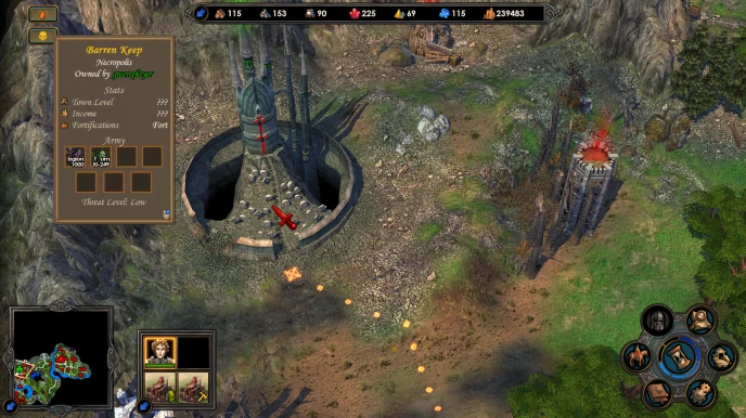 View of a fortress under attack with unit stats and town overview in Heroes of Might and Magic V mod