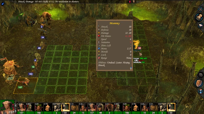 Screenshot of Heroes of Might and Magic V 5.5 mod showing tactical grid battle with a mummy unit stats window open