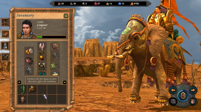 Inventory screen of level 15 Conjurer Zehir with detailed elephant mount in desert setting of Heroes of Might and Magic 5.5 mod