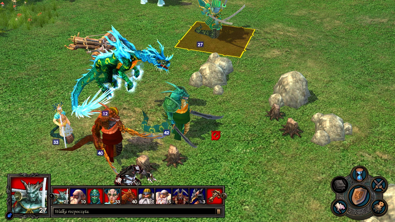 Tactical combat view showing various fantasy creatures and heroes standing on a grass battlefield in Heroes of Might and Magic V Sanctuary mod