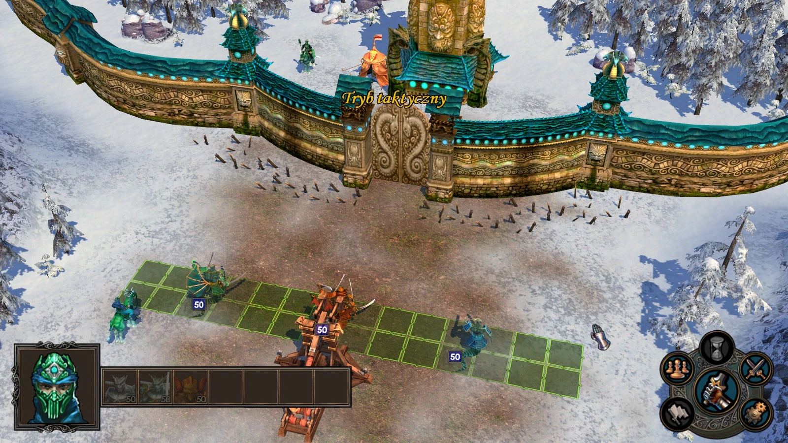 Tactical battle scene in Heroes of Might and Magic V Sanctuary mod shows siege weapons and armored units near a snowy ornate gate