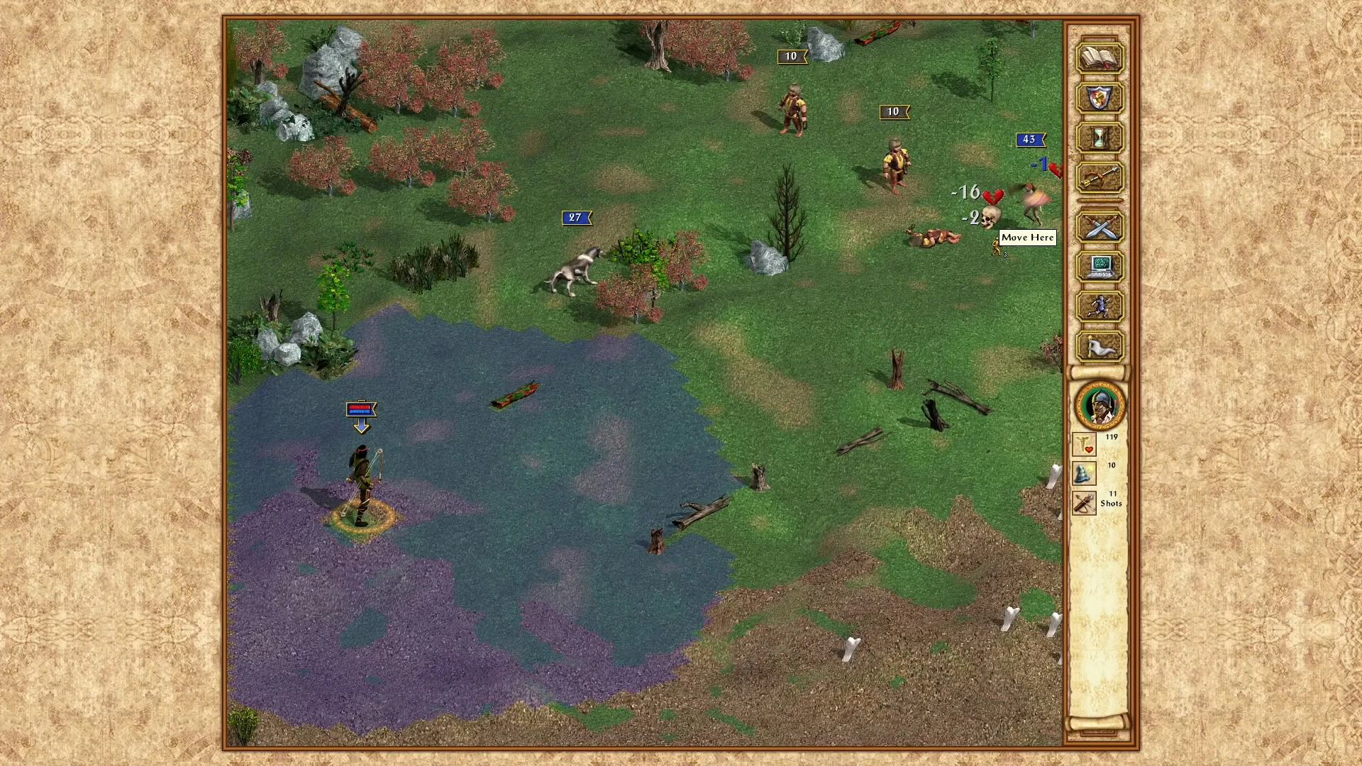 Gameplay screenshot showing turn-based combat with hero, ranged and melee units on a grassy battlefield