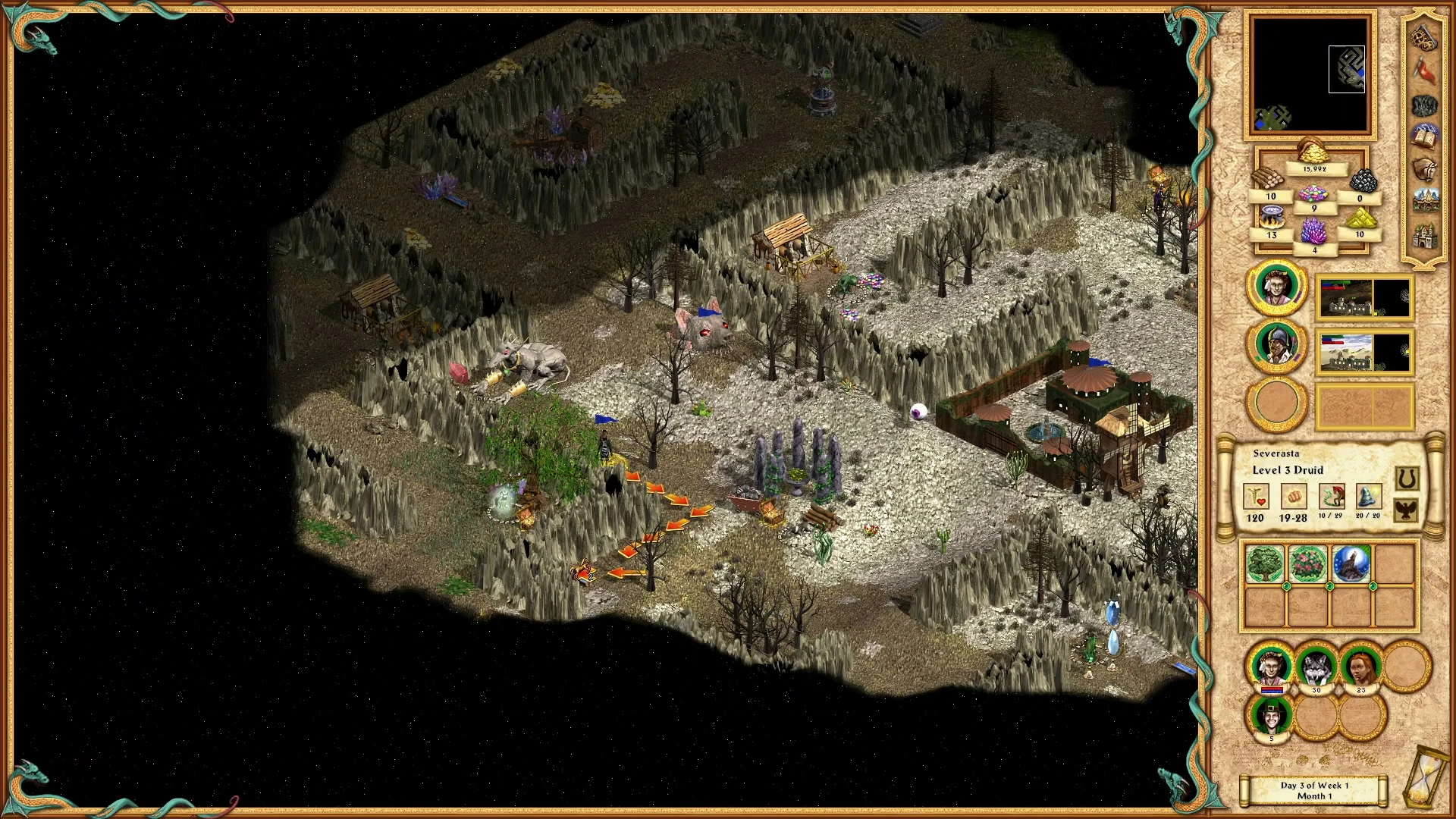 Isometric view of a rocky, barren game map with dead trees, creatures, buildings, and a player interface from Heroes of Might and Magic