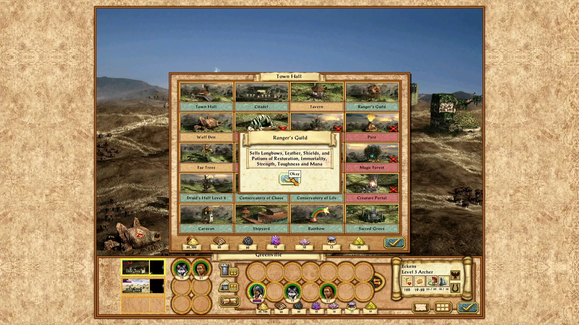 Screenshot of Heroes of Might and Magic I-IV town hall interface showing building options including Ranger's Guild description
