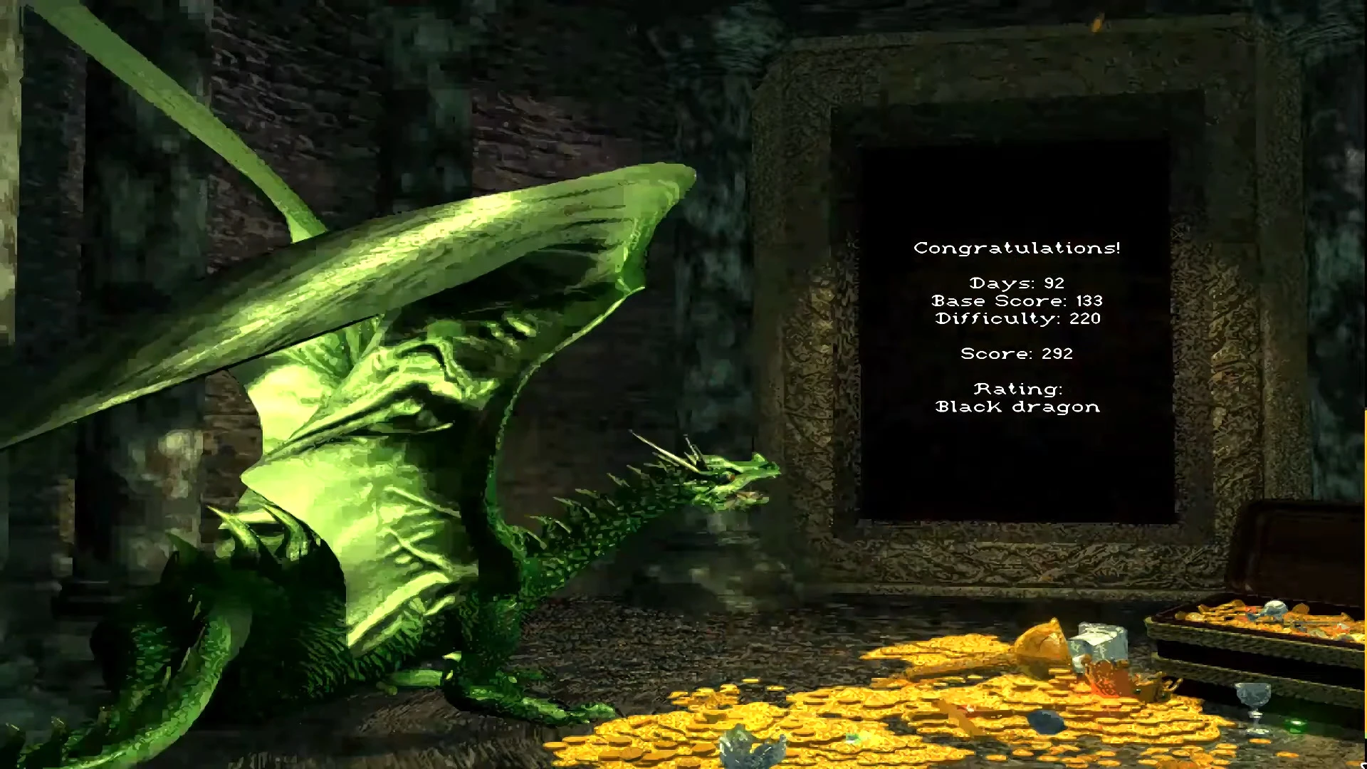 In-game victory screen showing a green black dragon beside a pile of treasure and scoring details in Heroes of Might and Magic I-IV