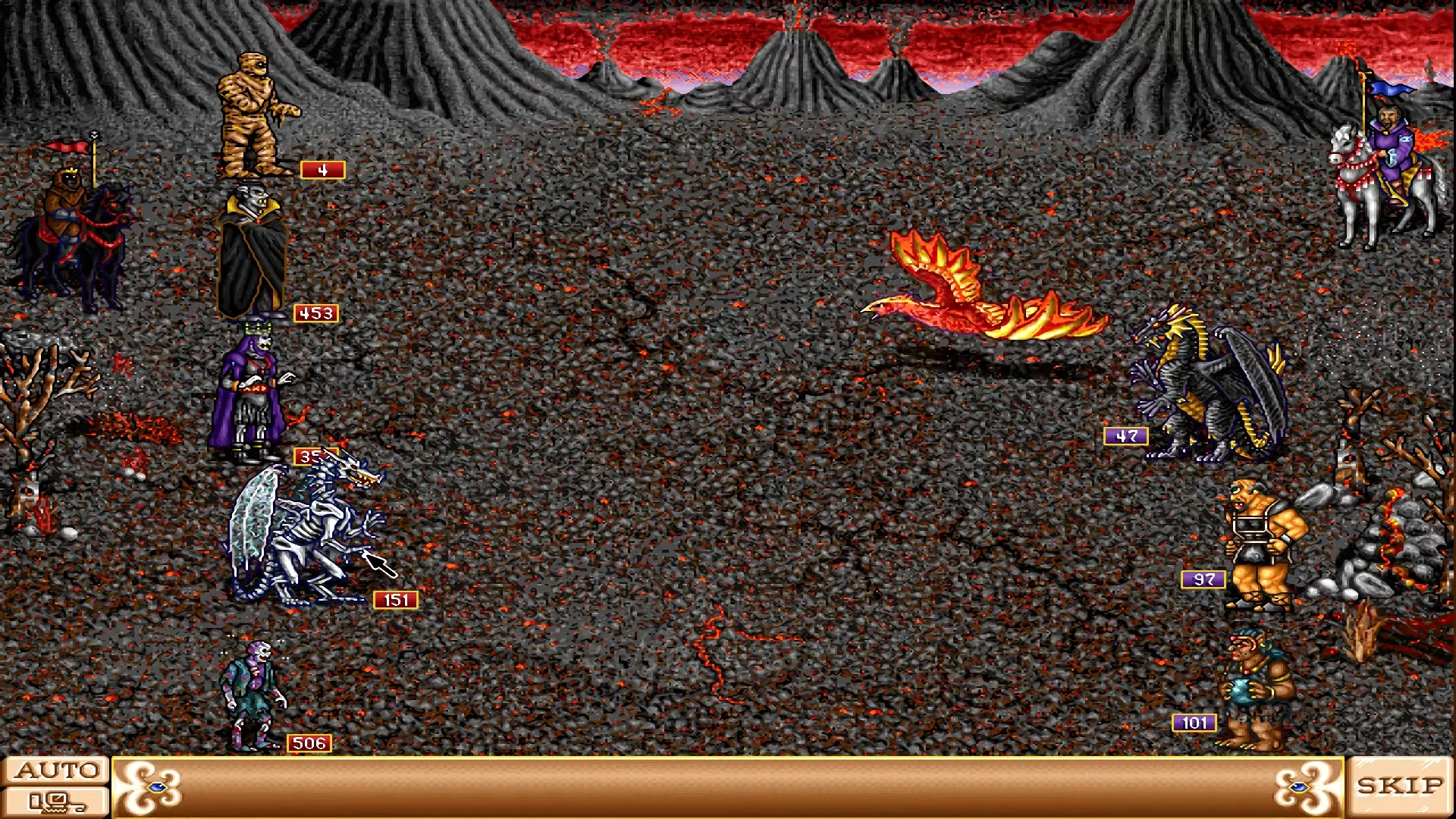 Battle scene in Heroes of Might and Magic with skeletal dragon, phoenix, and various mythic units on volcanic terrain