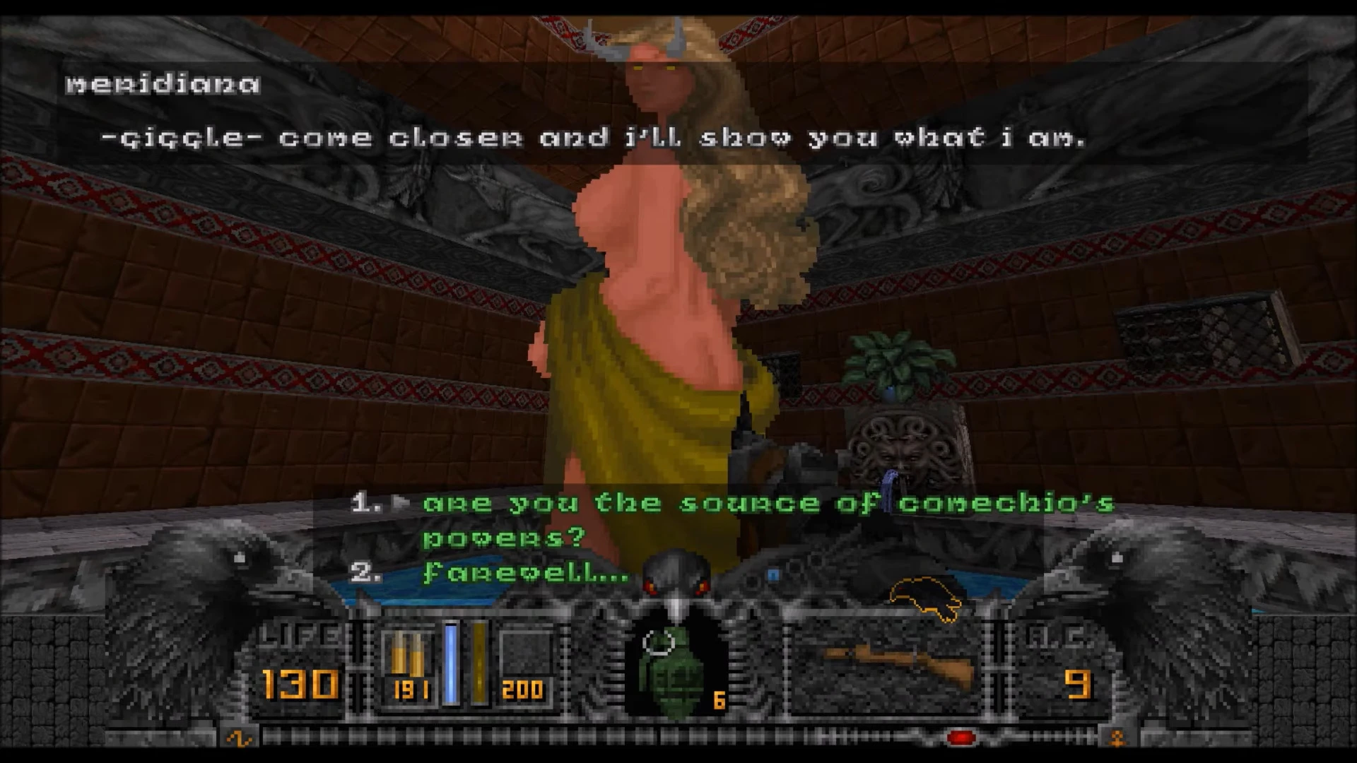 In-Game Screenshot zeigt Dialog mit Dämonin NPC namens Meridiana im Hexen-Mod 8 Eyes