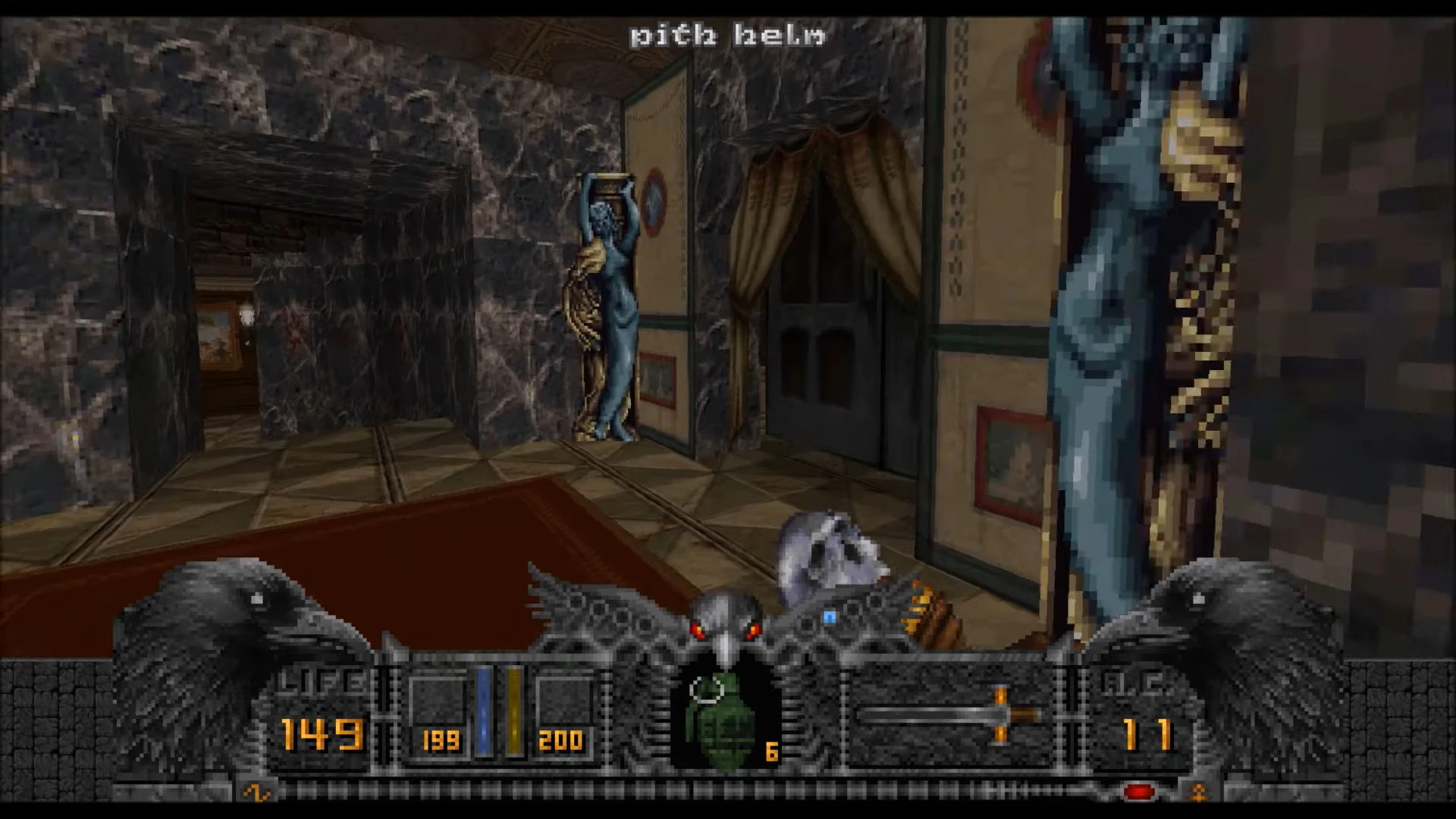 Spielansicht zeigt Innenbereich mit dunklen Marmormauern und blauer Statue mit Krug im Hexen 8 Eyes Mod