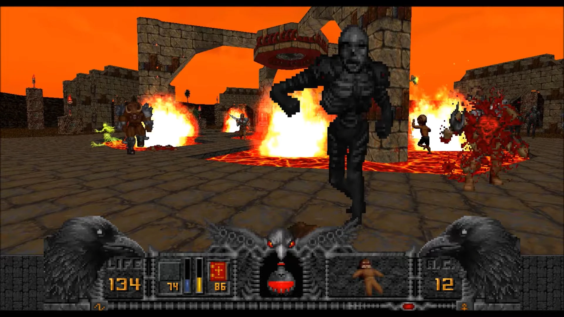 Erste-Person-Ansicht eines Spielers, der verschiedene Monster nahe Lavagruben in einem steinernen Verlies bekämpft