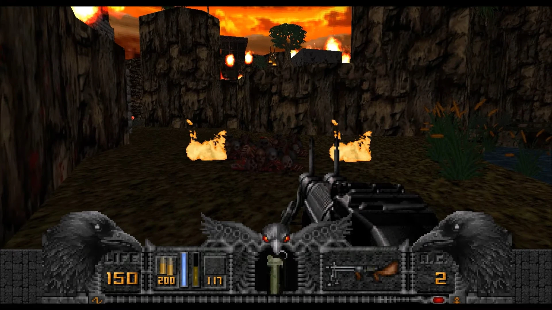 Erste-Person-Ansicht eines dunklen Stein-Korridors mit Feuer und Totenschädeln im Hexen-Mod 8 Eyes