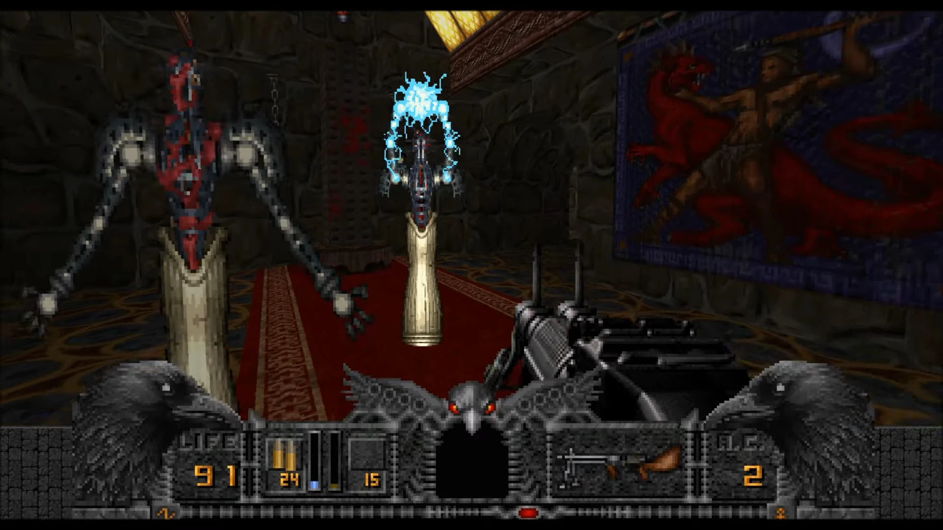 Erste-Person-Perspektive beim Kampf gegen dunkle magische Feinde mit futuristischer Waffe im Mod 8 Eyes für Hexen Beyond Heretic