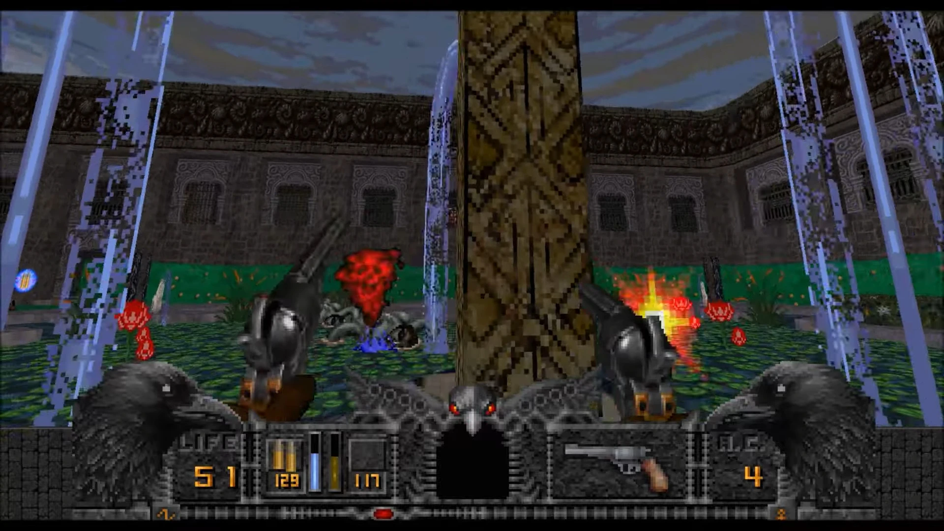 Erste-Person-Perspektive mit zwei Revolvern, die in einem Hof mit steinernen Wänden und magischen Effekten feuern