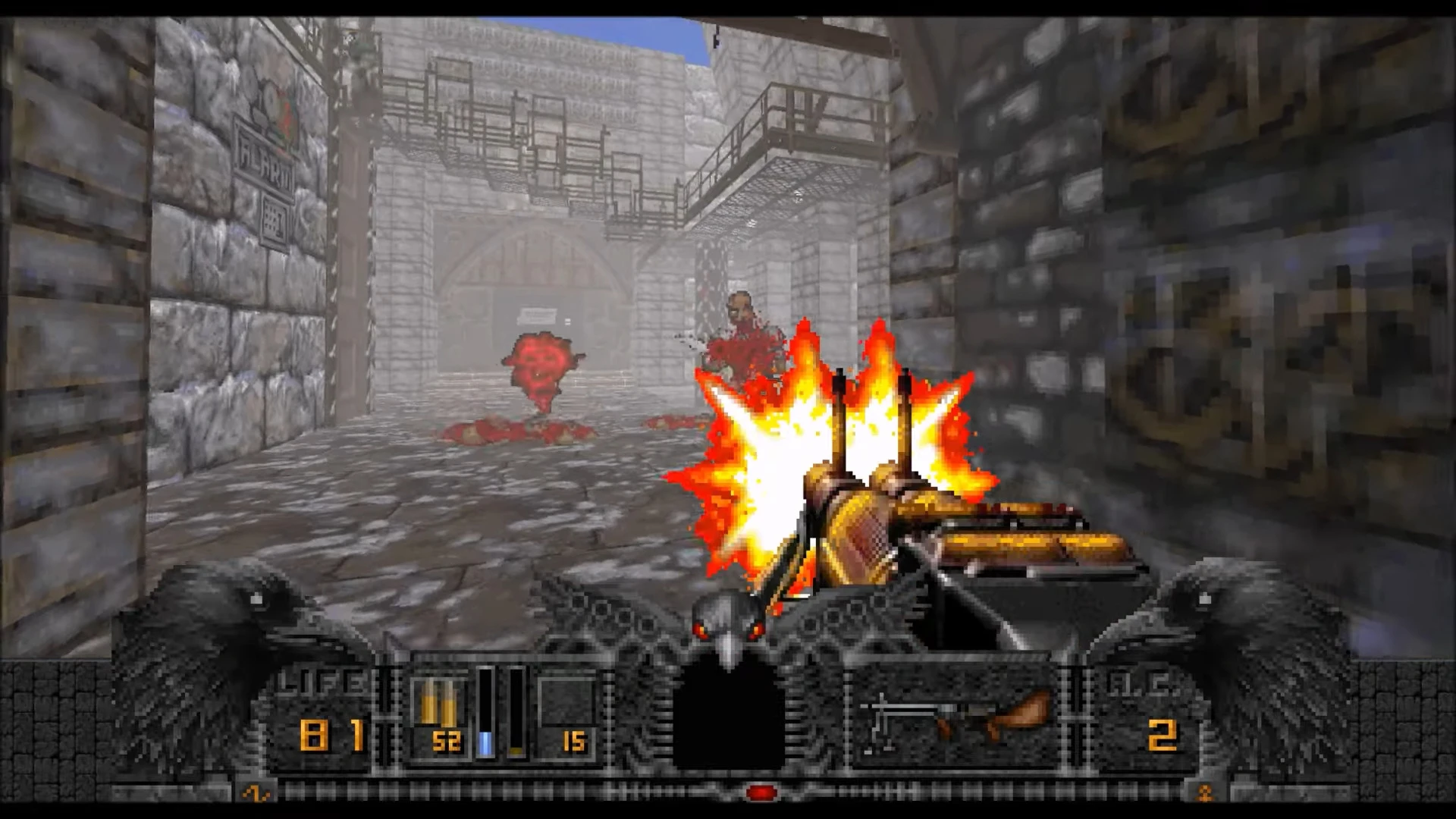 Erste-Person-Perspektive eines Charakters, der im steinernen Korridor des Hexen-Mod mit großer Doppelrohrwaffe feuert