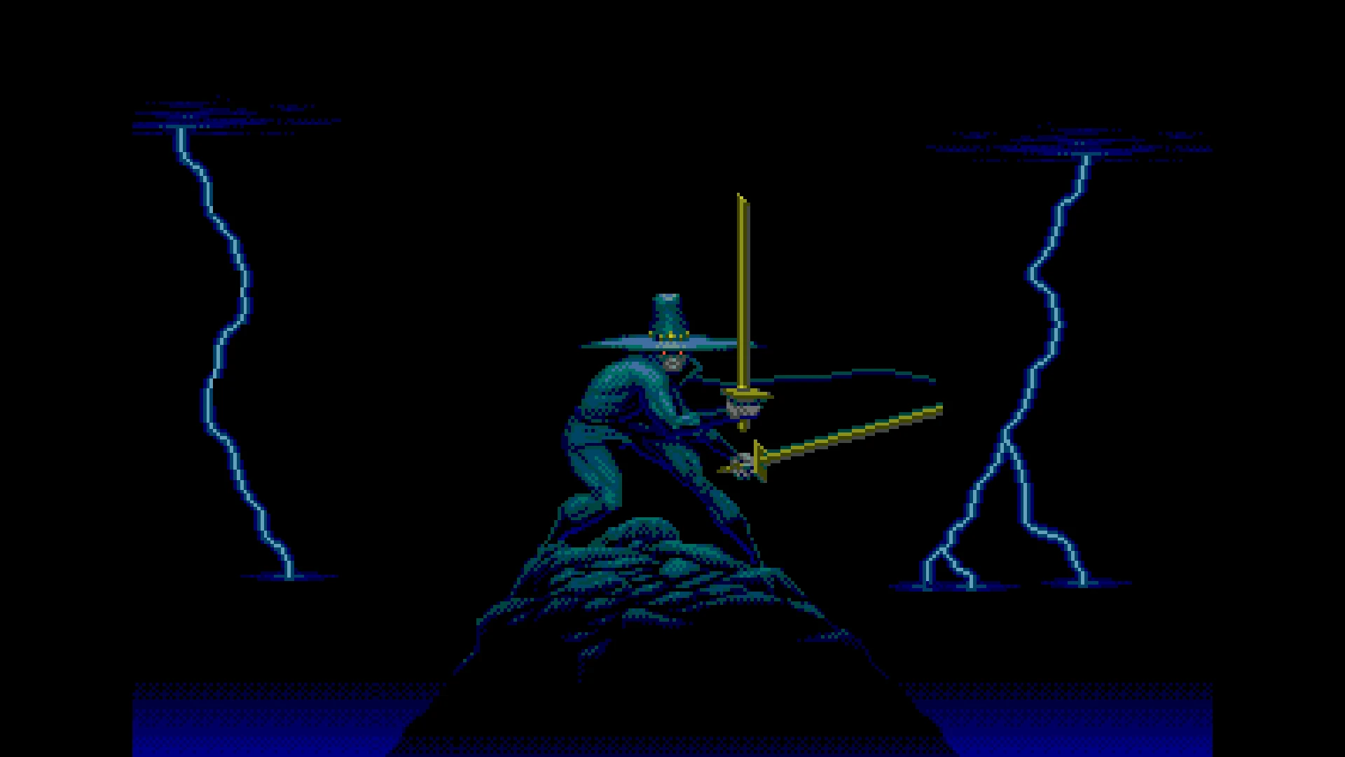 Pixel art of a dark-clad swordsman posed on a rock wielding two golden swords with lightning in the background