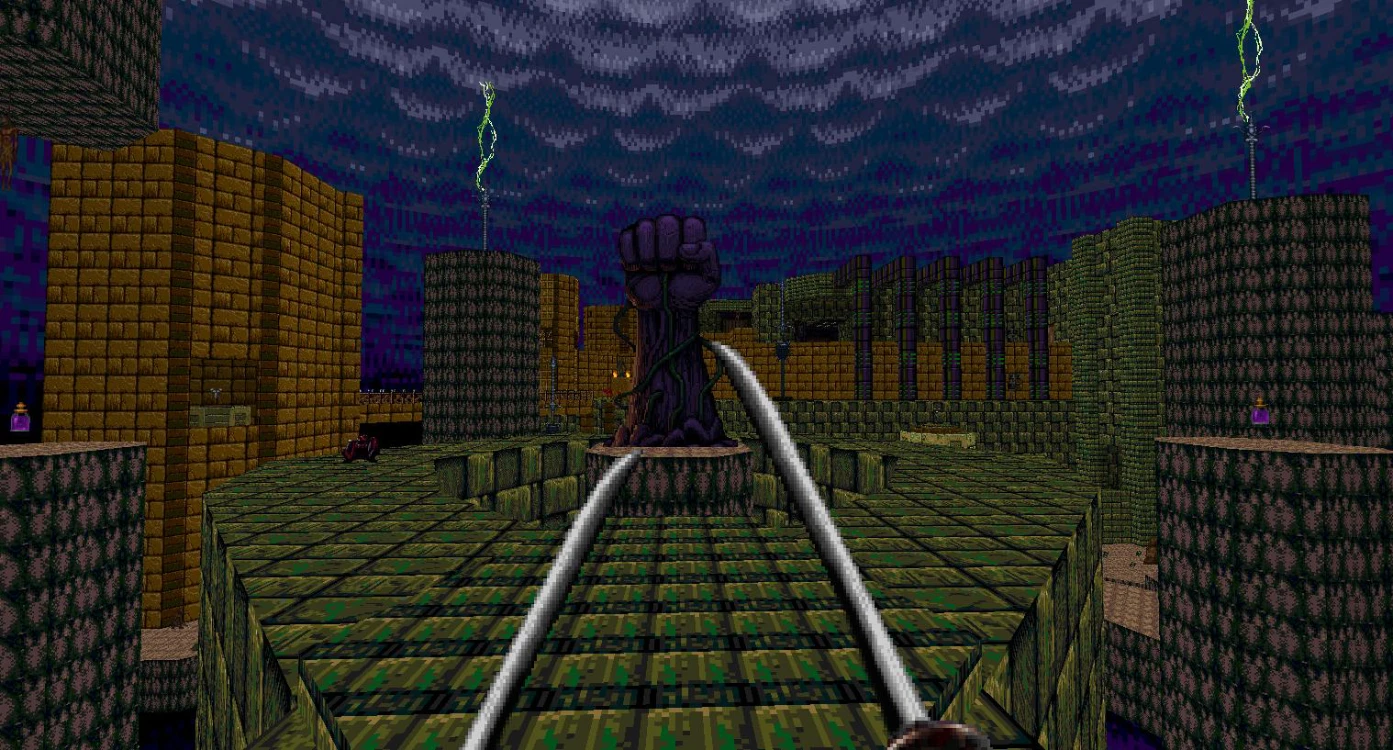 In-game view of a dark fortress arena with a giant stone fist statue and dual blade weapons shown