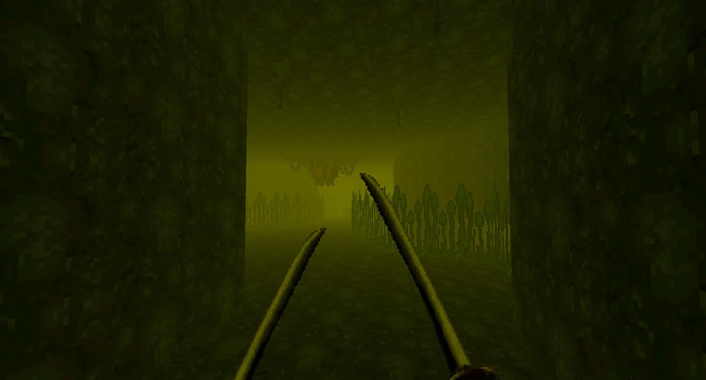 First-person view of twin blades in a green misty maze with a floating monster ahead in Hexen mod CHAKAN
