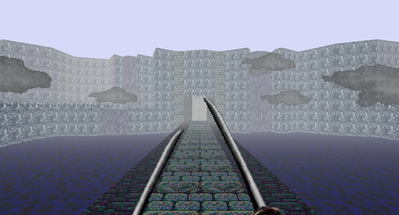 First-person view of a stone bridge leading to a mist-covered fortress with cloudy sky in Hexen Beyond Heretic mod CHAKAN