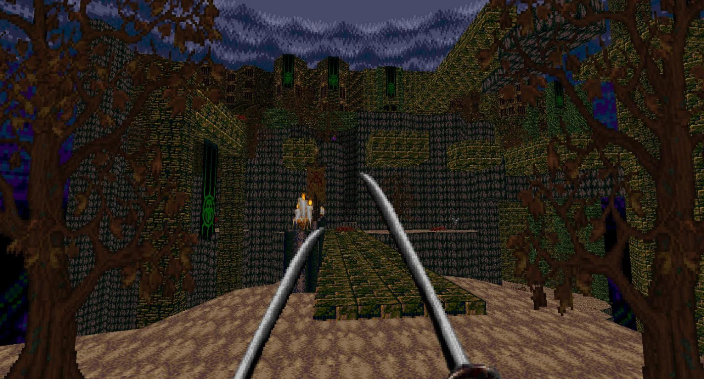First-person view of dual swords facing a moss-covered stone fortress with trees and candlelight in Hexen mod CHAKAN