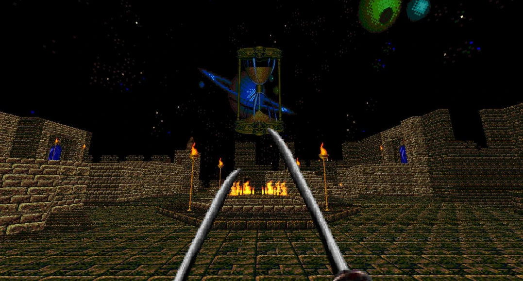 First-person view of dual swords pointing at a burning fire pit and a floating hourglass in a nighttime stone courtyard in Hexen