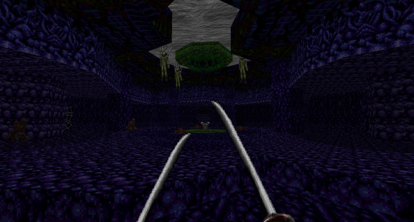 First-person view of dark purple cavern with hanging figures and enemies surrounded by blue-purple textures in Hexen CHAKAN mod