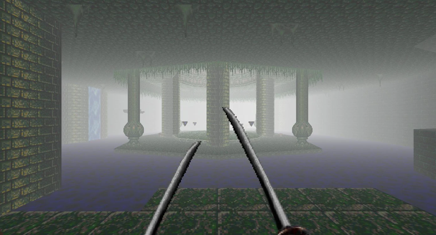 First-person view of dual swords drawn in misty ancient stone chamber flooded with water in Hexen mod CHAKAN