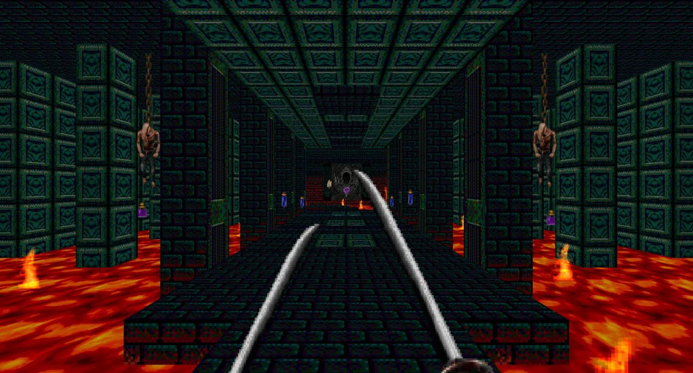 Player dual-wielding swords in a dark lava-filled dungeon corridor from Hexen mod Chakan 3D