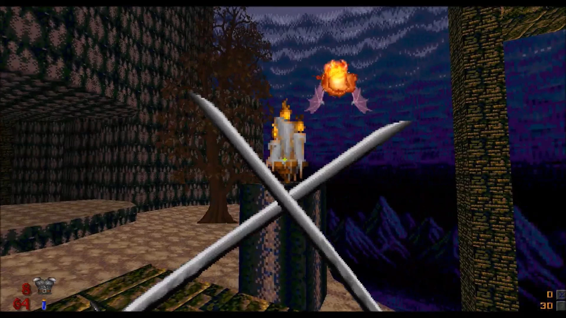 First-person view of crossed swords attacking a flying fiery bat in a dark fantasy environment