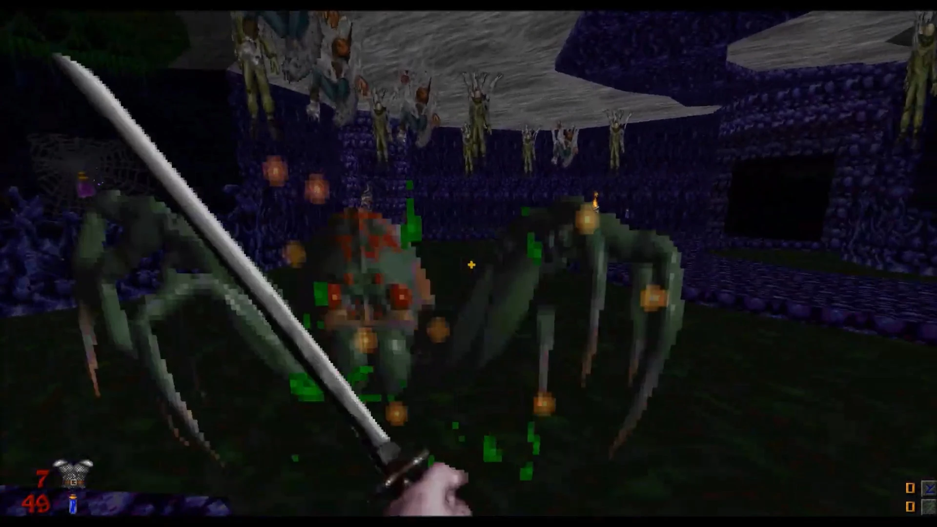 First-person view swinging a sword at spider-like creature in a dark purple dungeon in Hexen mod Chakan 3D