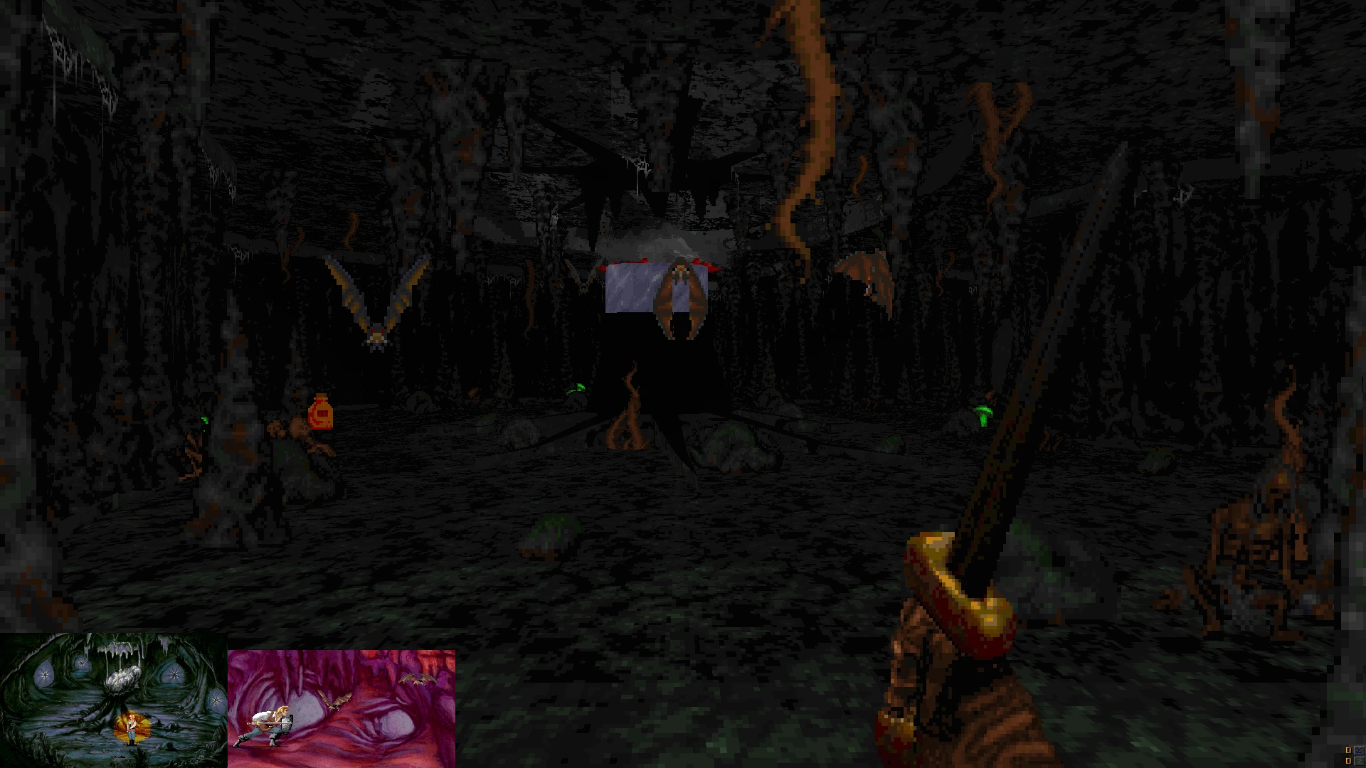 Vista en primera persona de una cueva oscura con murciélagos volando y una espada lista para el combate en el mod Quest for Glory IV 3D Hexen Project