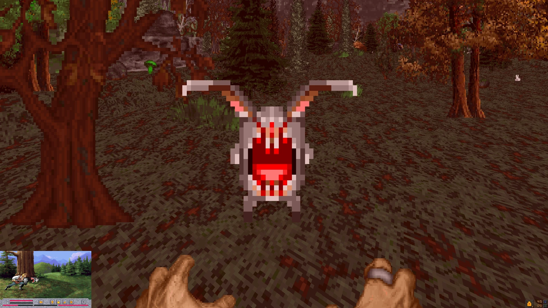 Vista en primera persona de un conejo demoníaco pixelado con la boca abierta en un bosque oscuro en mod Hexen