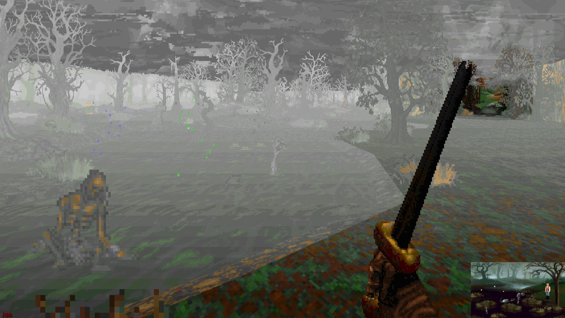Vista en primera persona sosteniendo una katana sobre un pantano con niebla, árboles muertos y una figura fantasmal en el mod Quest for Glory IV 3D Hexen Project