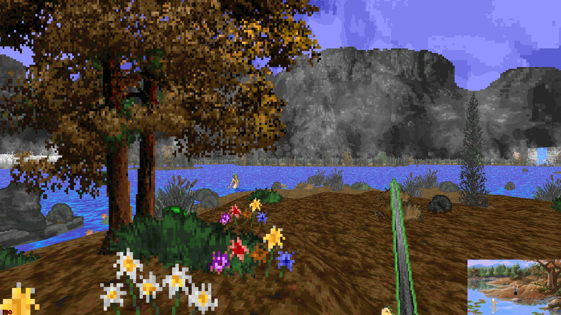 Escena pixelada al aire libre mostrando un lago con flores y un personaje con espada en el mod Hexen