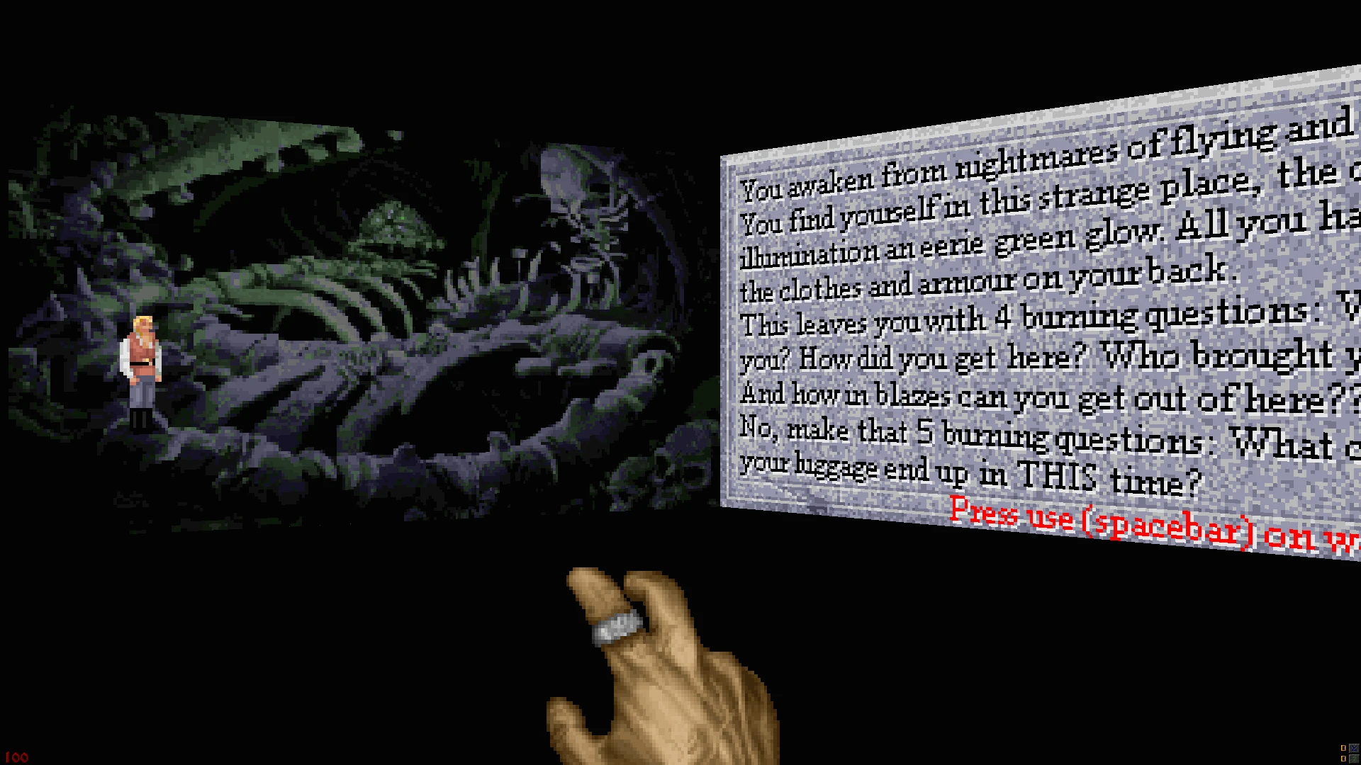 Escena del mod Hexen Quest for Glory IV 3D con personaje cerca de esqueleto gigante y texto de misión