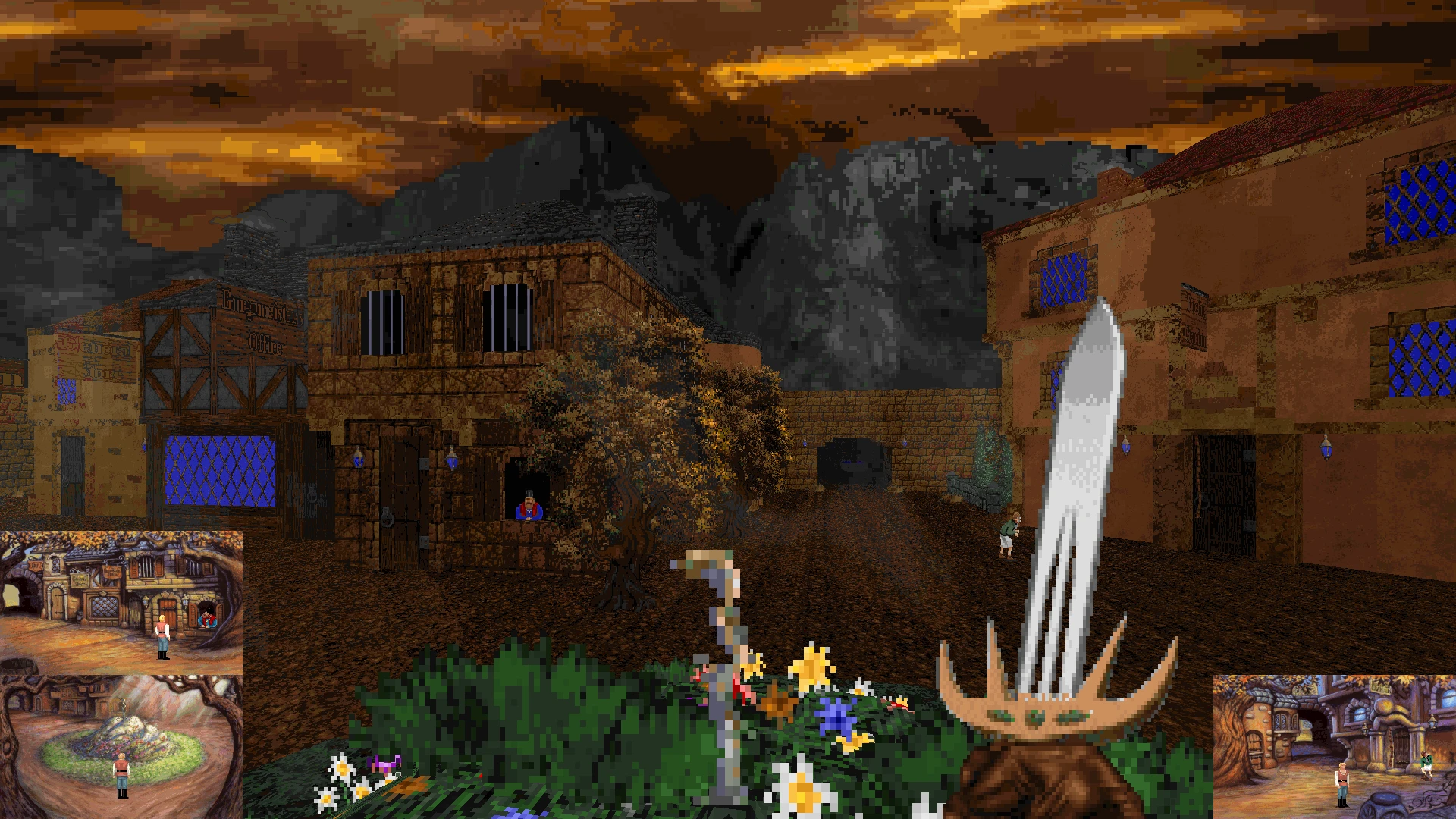 Captura del juego mostrando una aldea 3D pixelada con espada y bastón en primer plano del mod Quest for Glory IV 3D Hexen Project