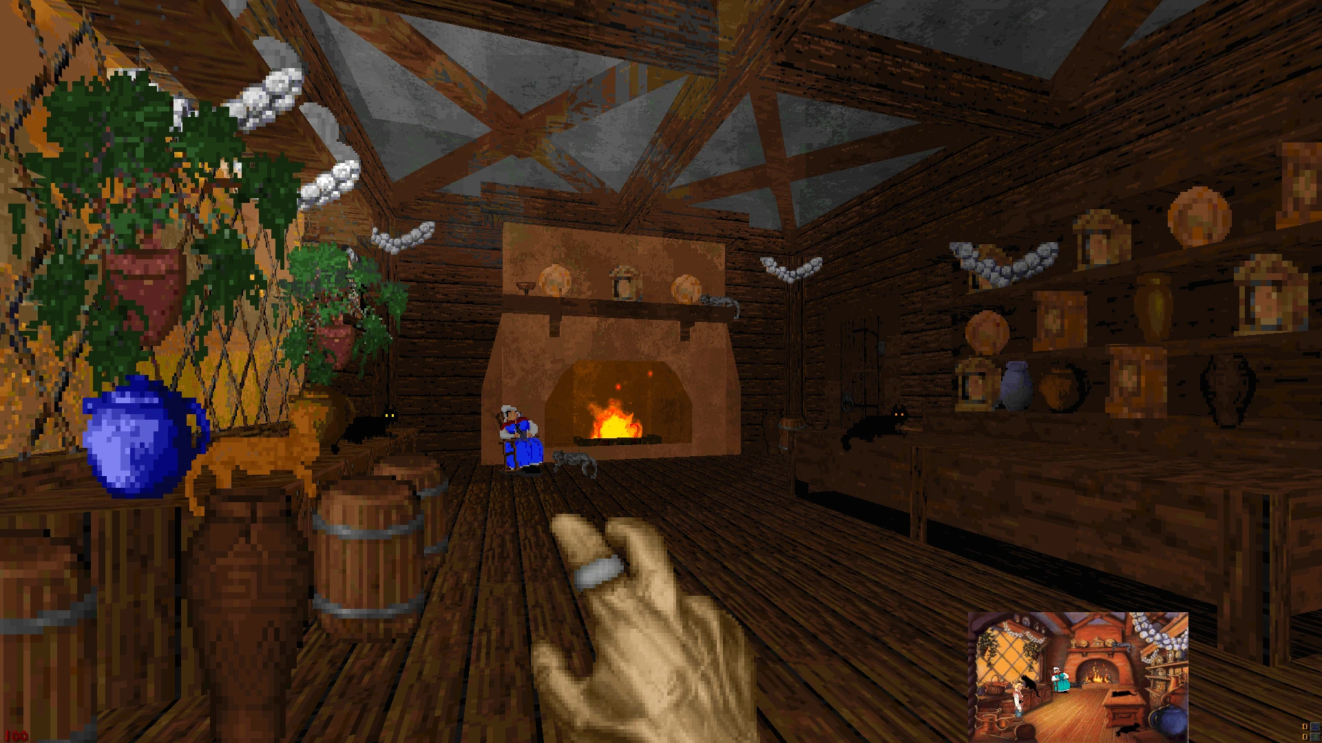Vista en primera persona de una habitación de madera con chimenea, cerámica, plantas y una figura azul cerca del fuego en el mod Hexen