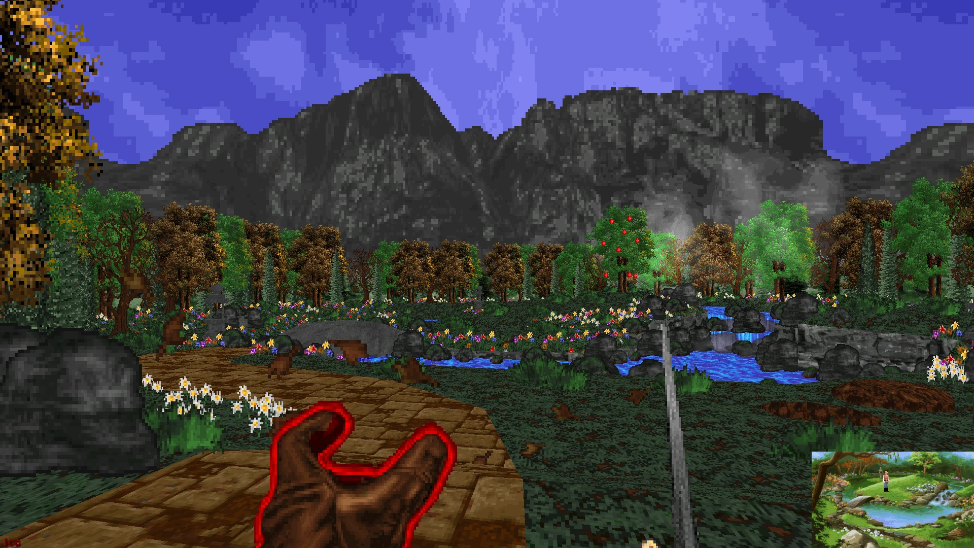 Vista en primera persona de un bosque vibrante con flores coloridas, un río y montañas en el mod Quest for Glory IV 3D Hexen Project
