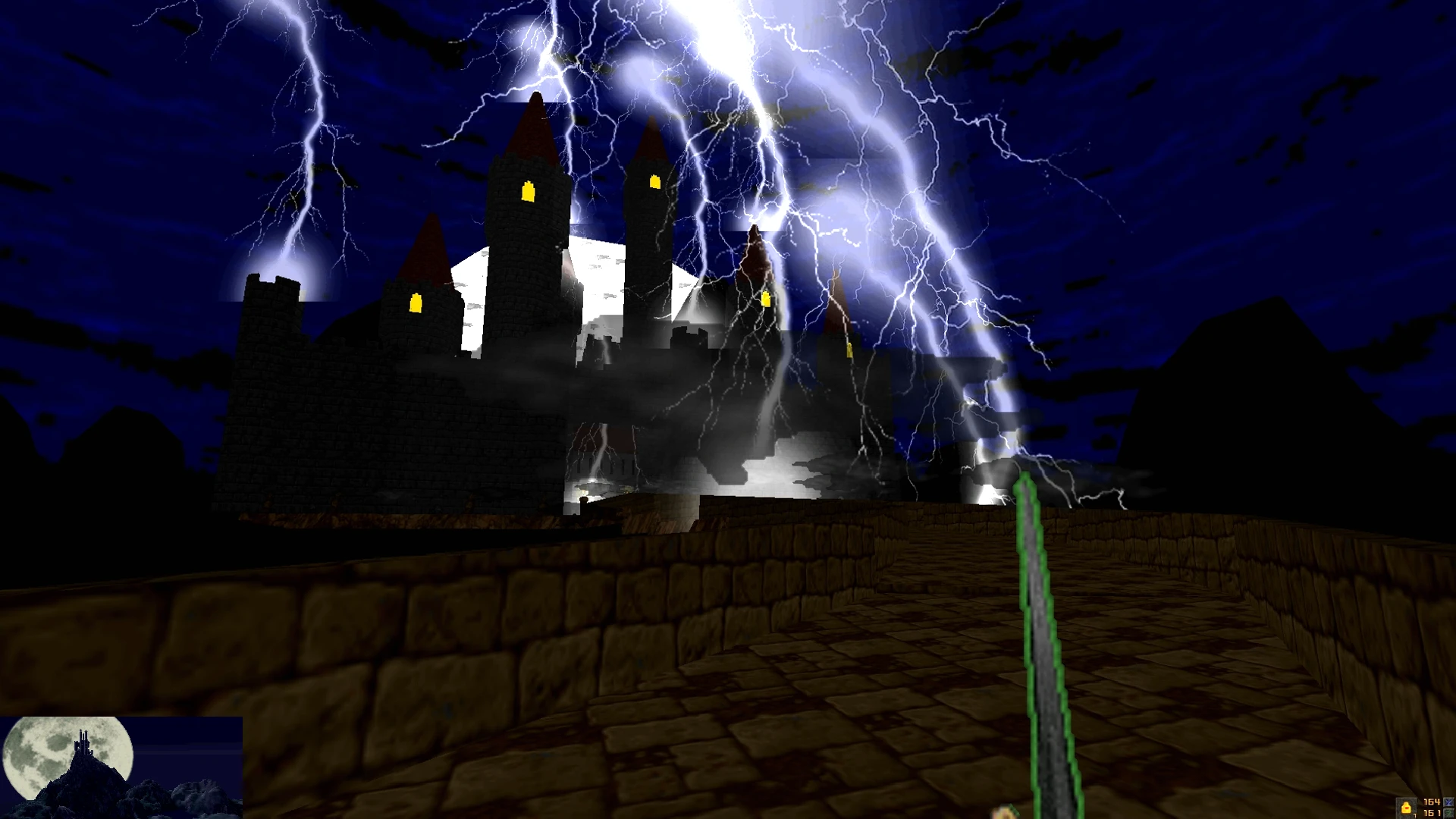 Vista en primera persona de un castillo oscuro bajo tormenta con espada en mano en el mod Hexen Quest for Glory IV 3D