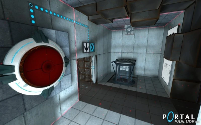 Внутрішній вигляд тестової камери Portal Prelude із закритими червоними дверима, лазерною сіткою та елементами тесту