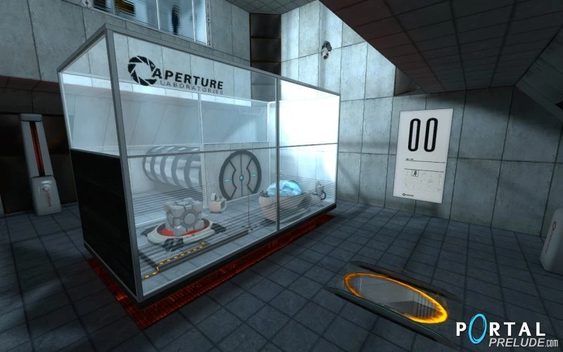 Скріншот мода Portal Prelude з випробувальною камерою Aperture Labs, кубом-компаньйоном і синім енергетичним кулькою