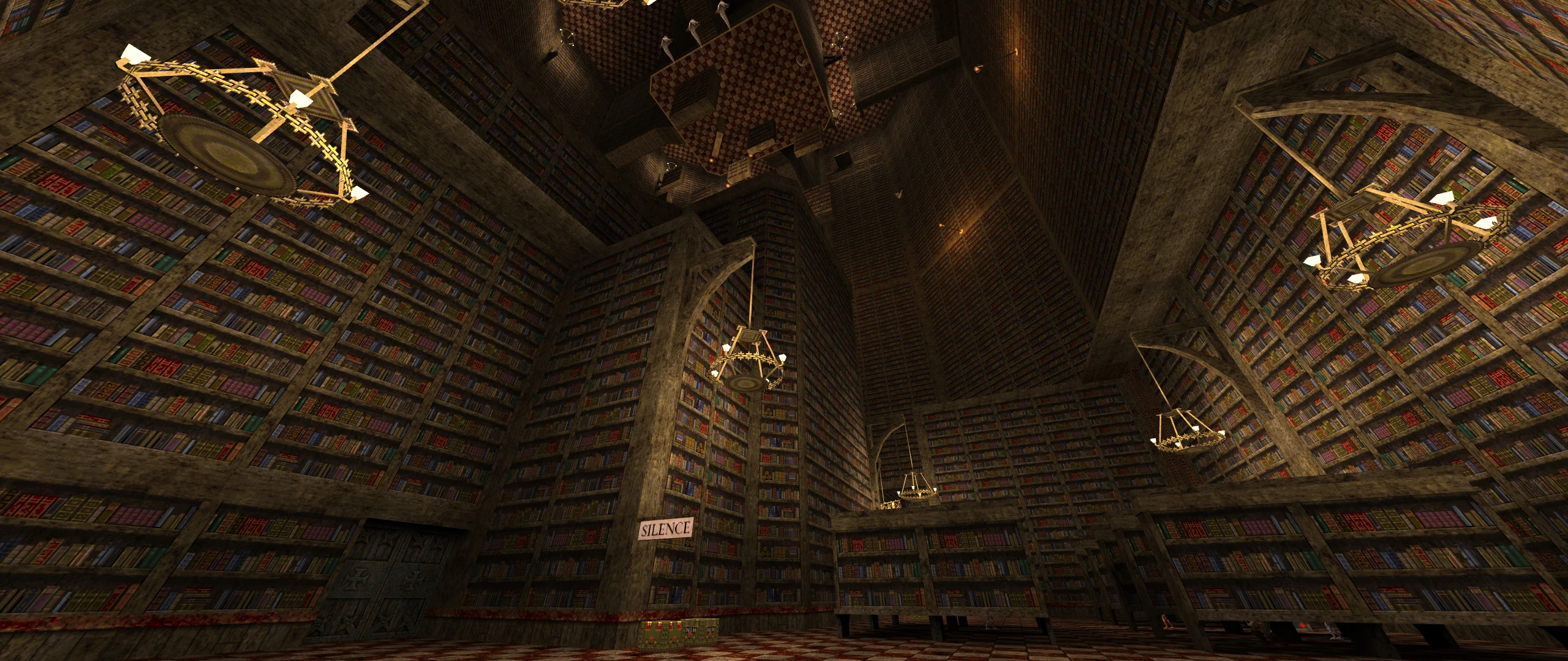 Ogromna sala biblioteki z kamiennymi ścianami, wypełniona półkami na książki i żyrandolami w modzie Quake Antigravity Jam
